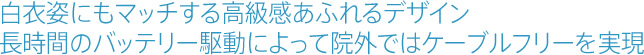 白衣姿にもマッチする高級感あふれるデザイン長時間のバッテリー駆動によって院外ではケーブルフリーを実現